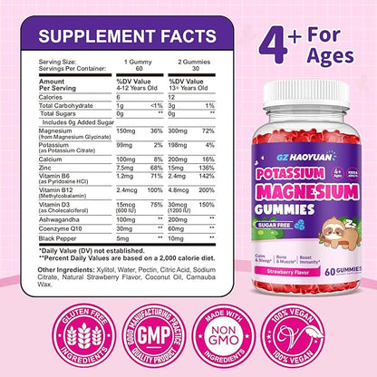 Magnesium Gummies for Kids - Magnesium Glycinate Gummies with Vitamin D3, B6, Potassium & Ashwagandha, Magnesium for Kids & Adults Relaxation, Sleep, Brain & Bone Health - Strawberry 60ct (2 Pack)
