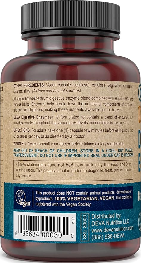 DEVA Vegan Vitamins Digestive Enzymes Plus Supplement - A Unique Blend of Enzymes & Herbs - 90 Capsules, 1-Pack