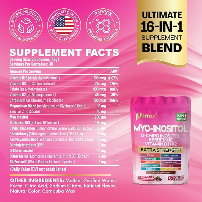 Myo-Inositol & D-Chiro Inositol Gummies with Berberine, Vitamins D3+K2, B12, Folate, Zinc, Magnesium, Ashwagandha, Chasteberry, Bioperine, DIM - 16 in 1 Supplement - Mixed Berry Flavor - 90 Gummies