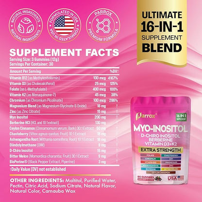 Myo-Inositol & D-Chiro Inositol Gummies with Berberine, Vitamins D3+K2, B12, Folate, Zinc, Magnesium, Ashwagandha, Chasteberry, Bioperine, DIM - 16 in 1 Supplement - Mixed Berry Flavor - 90 Gummies