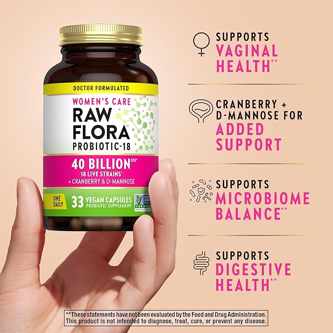 Raw Flora Women's Probiotics | Dr. Formulated 40 Billion CFU + Prebiotics | Digestive, Vaginal & Urinary Support | 33 Vegan Capsules with Cranberry & D-Mannose | Shelf Stable