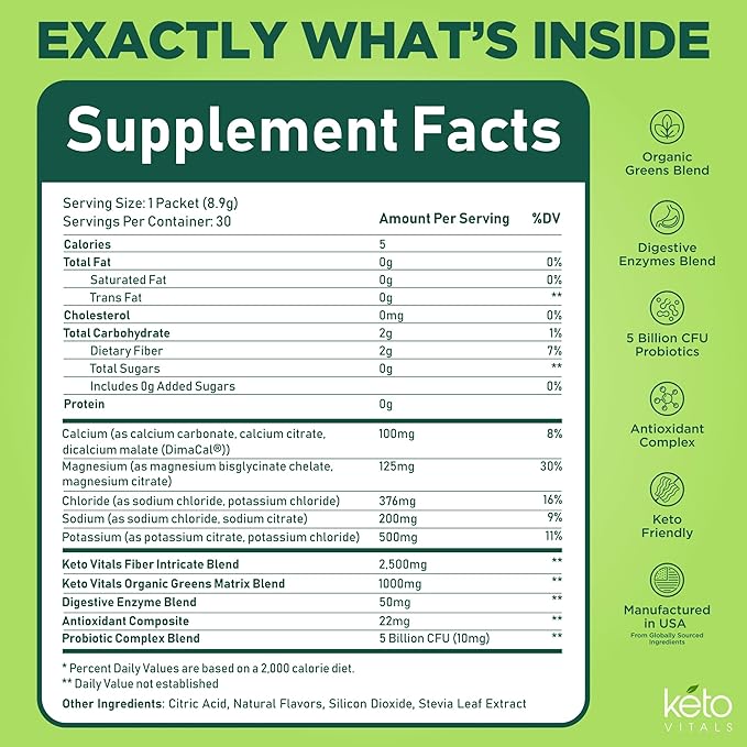 Keto Vitals Keto Electrolytes Plus Greens Superfood Powder Packets - 30 Servings Super Greens Powder Packets with Sugar Free Electrolytes for Hydration, Gut Health & Digestion - Green Drink Mix