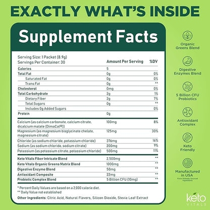 Keto Vitals Keto Electrolytes Plus Greens Superfood Powder Packets - 30 Servings Super Greens Powder Packets with Sugar Free Electrolytes for Hydration, Gut Health & Digestion - Green Drink Mix