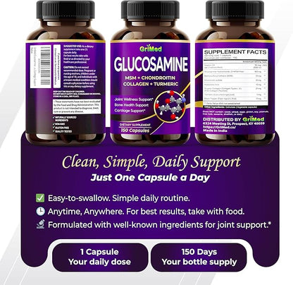 GriMed Glucosamine 12,000mg - X12 Power with MSM, Chondroitin, Collagen, Turmeric for Joint Wellness, Strong Bones, Cartilage Support