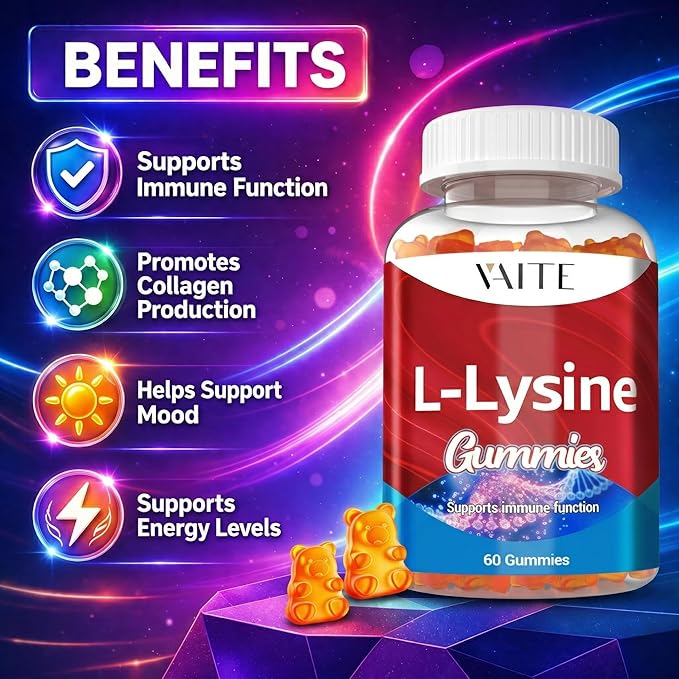 VAITE L-Lysine 1000mg Gummies - Supports Skin, Lip, Vegan, Gluten Free, Vitamins for Adults Tissue Health & Immune System, Chewables, Amino Acid Vitamin Supplement & Complex Supplements, Non-GMO