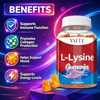 L-Lysine 1000mg Gummies - Supports Skin, Lip, Vegan, Gluten Free, 60 Chewable Lysine for Adults, Vitamins Tissue Health & Immune System, Amino Acid Vitamin Supplement & Complex Supplements (2 Pack)