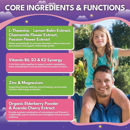 Magnesium Calming Gummies for Kids 4+ & Adults, Sugar Free Magnesium Supplement with L-Theanine, Chamomile, Vitamins B6, D3, K2, Zinc for Sleep, Relaxation, Focus & Muscle Support, Strawberry Flavor