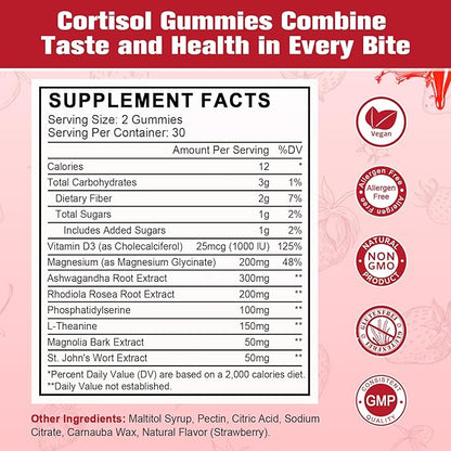 Cortisol Gummies for Women with Ashwagandha, Rhodiola Rosea, L-Theanine, Magnesium, Vitamin D3 for Zzz Support, Balanced Cortisol, Vegan, 60 Gummies