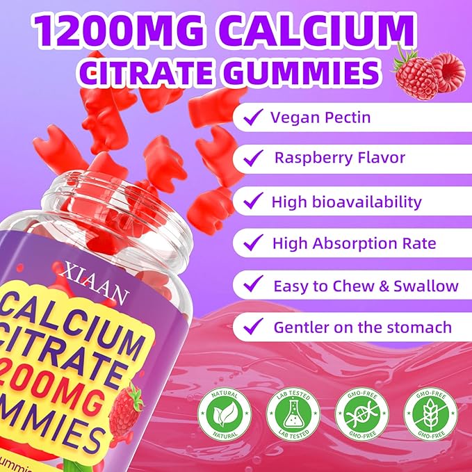 Calcium Citrate Gummies 1200mg Calcium Gummies for Women & Men, Chewable Calcium Supplements Support Immune Health & Bone Strength, Vegan/Sugar-Free/Gluten-Free, Raspberry Flavor 60 Count