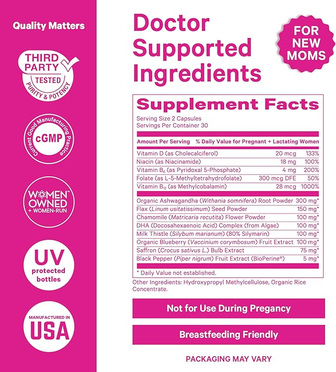 Pink Stork Postpartum Mood Support - Postnatal Hormone Balance for Women - Breastfeeding Friendly New Mom Essentials - Ashwagandha, Chamomile, & Vitamin D - Stress & Mood, 60 Capsules