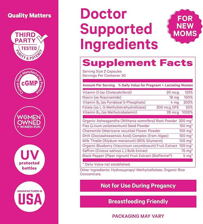 Pink Stork Postpartum Mood Support - Postnatal Hormone Balance for Women - Breastfeeding Friendly New Mom Essentials - Ashwagandha, Chamomile, & Vitamin D - Stress & Mood, 60 Capsules