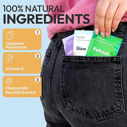 FOMIN Travel Deodorant Wipes - 50 Count - Glowing Coconut and Vanilla - pH Balanced, Hypoallergenic Mini Deodorant Wipes For Women and Men - Plastic-Free, Individually Wrapped Underarm & Body Wipes