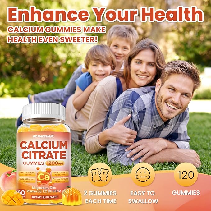 Calcium Citrate Gummies - 1200mg Calcium Gummies Supplements for Women & Men with Vitamin D3, K2, Magnesium, Zinc High Absorption for Bone, Muscle & Immune Support, Peach & Mango Flavor, 120 Count