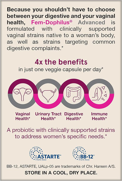 Jarrow Formulas Fem-Dophilus Advanced Vaginal & Digestive Probiotics 10 Billion CFU with 6 Science Backed Strains, for Vaginal, Urinary Tract, Digestive & Immune Support, 30 Capsules, Shelf-Stable