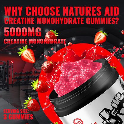 Natures Aid NSF Certified Creatine Gummy 5g - Creatine Monohydrate Gummies – Pre-Workout Energy & Muscle Growth Support for Men & Women | Strawberry Electrolyte Gummies (135 Count)