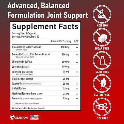 Glucosamine Chondroitin MSM Curcumin Turmeric Boswellia - Joint Support Supplement for Bone Back Knee Hand Flexibility, Mobility - Joint Health Supplement for Women & Men - 90 Capsules