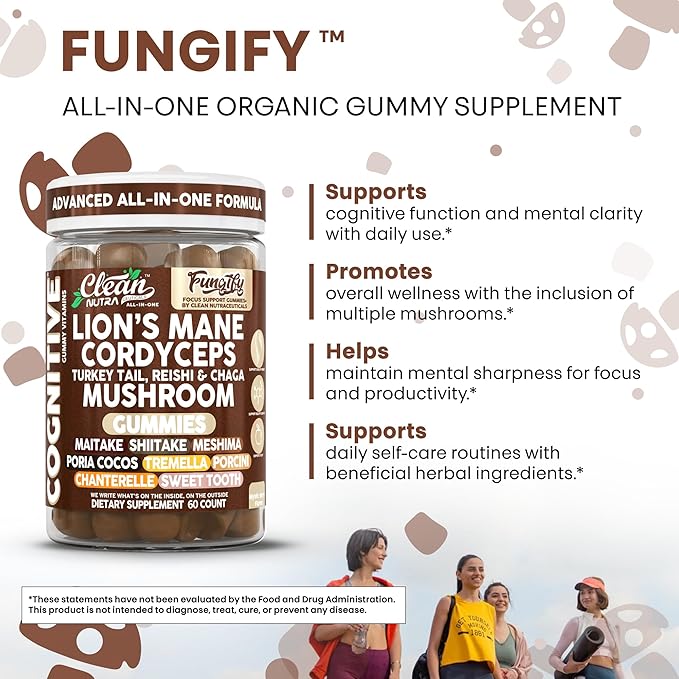 Clean Nutra Lions Mane Mushroom Gummies Cordyceps Supplement for Memory and Focus Immune Support Vitamins Reishi Chaga Turkey Tail Mushrooms Gummy Shiitake Maitake Meshima Supplements