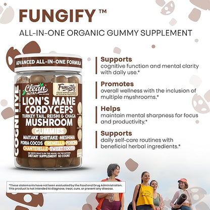 Clean Nutra Lions Mane Mushroom Gummies Cordyceps Supplement for Memory and Focus Immune Support Vitamins Reishi Chaga Turkey Tail Mushrooms Gummy Shiitake Maitake Meshima Supplements