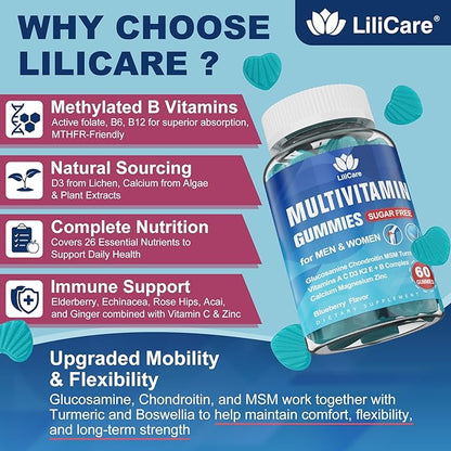 LILICARE Men's & Women's Sugar Free Methylated Multivitamin 50 Plus with Glucosamine Chondroitin MSM, Iron Free Gummies for Senior with Multi Vitamin D3 K2 & A C E, B Complex - 60 Count (Pack of 1)