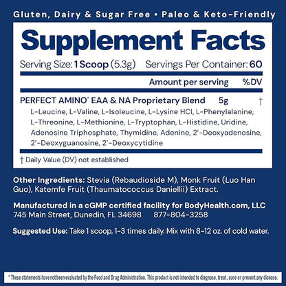 BodyHealth PerfectAmino - BCAA and EAA Powder for Pre and Post Workout - Amino Acid Energy Drink for Men and Women to Support Lean Muscle and Recovery - Unflavored (Lightly Sweetened) - 60 Servings