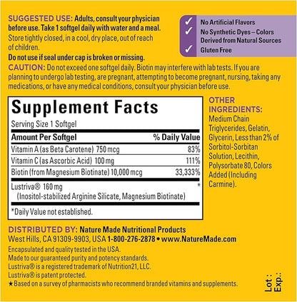 Nature Made Hair Growth Softgels, Clinically Studied Lustriva + Biotin, Vitamin C & A, Hair Growth Vitamins - Support Healthy Hair as You Age, 30 Softgels, 30 Day Supply