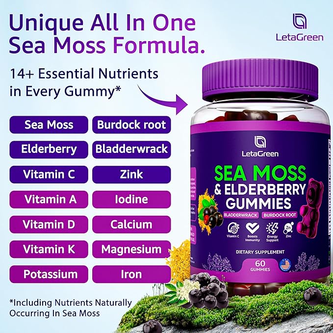 Irish Sea Moss Gummies – Bladderwrack Burdock Root Elderberry Vitamin C & Zinc – 60 Vegan Seamoss Gummy Bears for Adults Kids Men Women – Multimineral Elderberry Vitamins