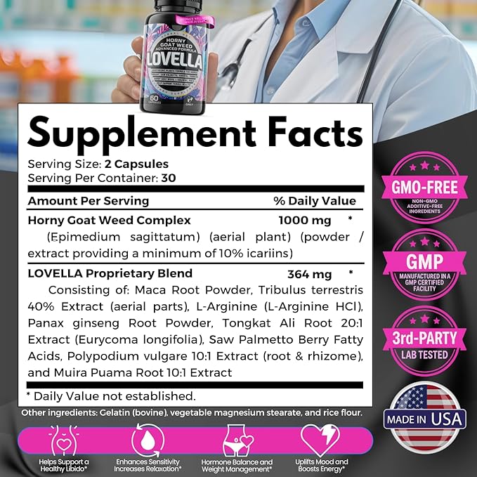 Hornygoatweed Women - Libido Booster for Women, Mood, Energy, Fast Acting Libido Supplement w. Maca Root, Female Libido Booster w. Ginseng, Tribulus, Hormone Balance Support, Enhancer Pills - 60ct USA