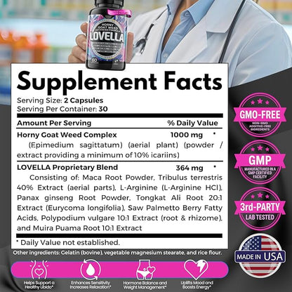 Hornygoatweed Women - Libido Booster for Women, Mood, Energy, Fast Acting Libido Supplement w. Maca Root, Female Libido Booster w. Ginseng, Tribulus, Hormone Balance Support, Enhancer Pills - 60ct USA