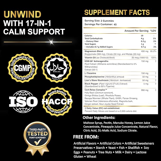 Magnesium Glycinate Stress & Cortisol Support Gummies | Calm Focus by Day, Deep Sleep by Night | 17-in-1 with KSM-66® Ashwagandha, L-Theanine & Lion’s Mane