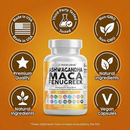 Clean Nutraceuticals Ashwagandha Maca Root Fenugreek Supplement with Tongkat Ali Ginseng - Assists with Stress, Mood & Thyroid - Ashwagandha Capsules Fenugreek Caps - 1 Pack