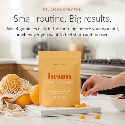Beam Creatine Gummies – Creatine Monohydrate Gummies with 5g Creatine, Sugar Free, Muscle Strength & Workout Recovery Support, Creatine Gummies for Women and Men, Orange Flavor, Vegan, 30 Servings