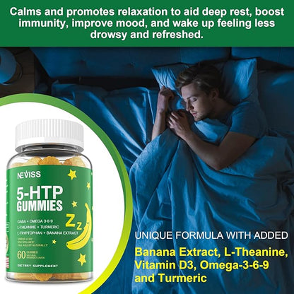 5-HTP 400MG Gummies + GABA - Melatonin Free - Relaxation Gummies with Banana Extract, L-Theanine, Turmeric, L-Tryptophan, D3 for Healthy Rest Cycle, Circadian Rhythm, Brain & Muscle Relax, Pack of 2