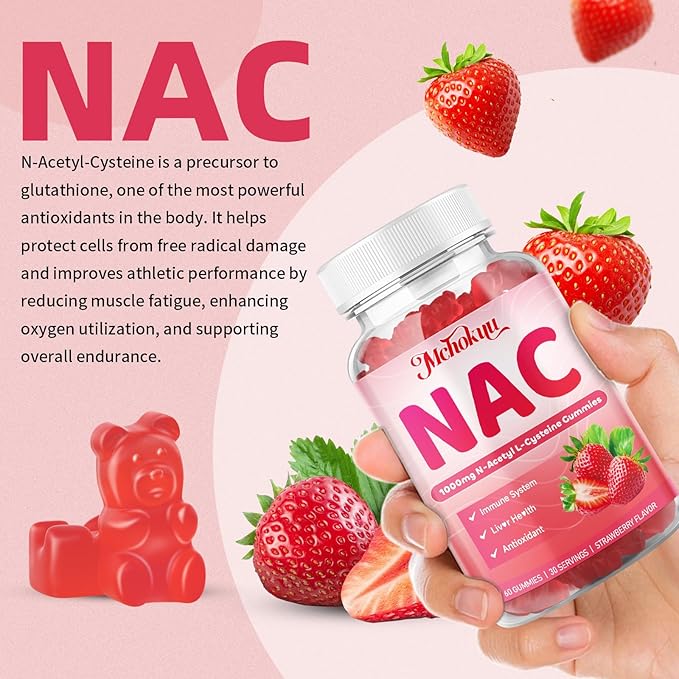 NAC Gummies for Adults & Kids 1000mg Per Serving, NAC Supplement N-Acetyl Cysteine for Immune, Glutathione & Antioxidant Support, Sugar-Free Vegan Strawberry Flavor, 120 Count