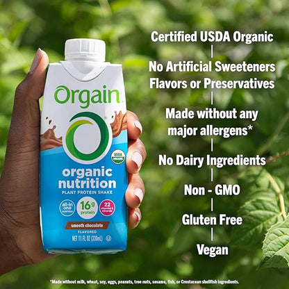 Orgain Organic Nutritional Vegan Protein Shake, Smooth Chocolate - 16g Plant Based Protein, Meal Replacement, 22 Vitamins & Minerals, Fruits & Vegetables, Gluten Free, Non-GMO, 11 Fl Oz (Pack of 24)