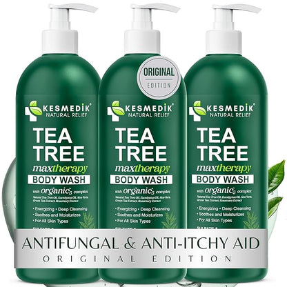 Tea Tree Body Wash MaxTherapy, Itchy Skin Relief Soap, Soothes Jock Itch, Athlete's Foot, Acne, Eczema, Psoriasis & Sensitive Skin, Intimate Wash, Men & Women, 3-Pack, Original Edition
