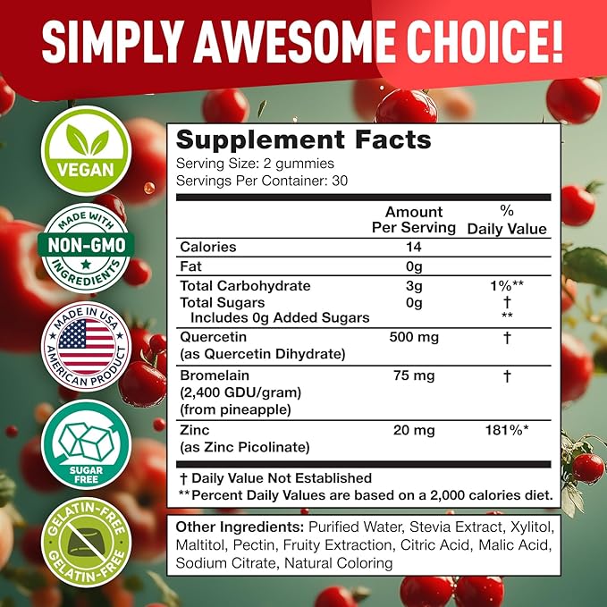 BioVit Quercetin Gummies 500MG - Activated Quercetin for Kids & Adults Immune System & Allergy - Chewable with Bromelain, Zinc, Vitamin C, Vitamin D3 - Made in USA - 60 Vegan Gummy Bears