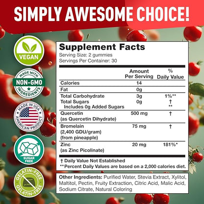 BioVit Quercetin Gummies 500MG - Activated Quercetin for Kids & Adults Immune System & Allergy - Chewable with Bromelain, Zinc, Vitamin C, Vitamin D3 - Made in USA - 60 Vegan Gummy Bears