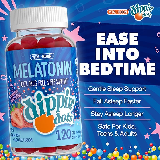 Dippin Dots - Melatonin Gummies for Kids & Adults (60 Days Supply) Strawberry Sunset Creme Flavor | 2.5mg Per Kids Melatonin Supplement for Faster, Longer Sleep | Gummies for Children (120 Count)