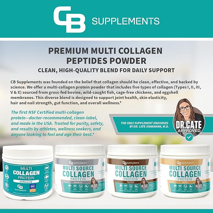 CB Supplements Multi Collagen Protein – Hydrolyzed Collagen for Joint, Skin, Gut, Hair & Nail Health – Unflavored Powder with Types I, II, III, V & X – Grass-Fed & Clean – 58 Servings