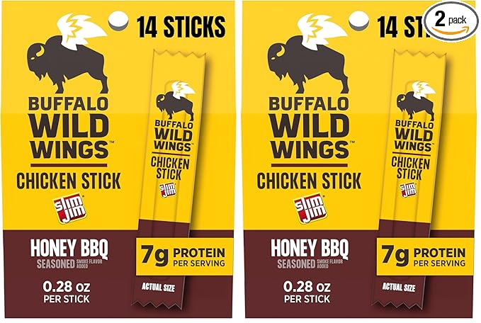 Slim Jim Chicken Sticks, Buffalo Wild Wings Honey BBQ Seasoned, 7g Protein per Serving, Snack Size, Easter Basket Stuffer for Men, 0.28 oz. (14 Count) (Pack of 2)