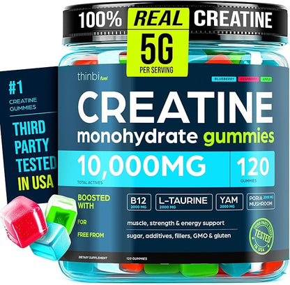 Thinbi Creatine Gummies Monohydrate Complex 10,000mg for Men & Women -120 Gummies Advanced Formula W/L-Taurine + Vitamin B12 for Muscle Strength, Muscle Builder, Energy Boost, Pre-Workout Supplement