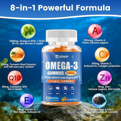 Vegan Omega-3 Gummies 1000mg from Algae Oil (DHA 460mg & EPA 230mg), Omega 3 Fish Oil Alternative for Adults, Plus Turmeric & CoQ10 for Brain, Eye & Immune Health, No Fishy Taste, Sugar Free, 60 Cts