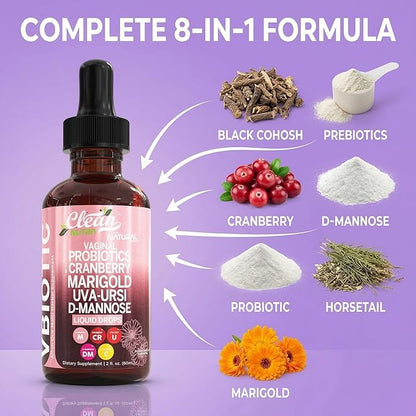 VBiotic Vaginal Probiotic for Women Liquid Drops | Womens Probiotics | Cranberry Uva Ursi Horsetail D-Mannose Prebiotics Marigold & Black Cohosh Vaginal Health Supplement | pH Balance | By Clean Nutra