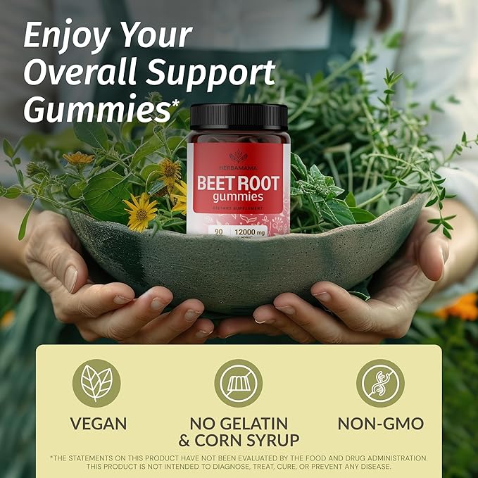 HERBAMAMA Beet Root Gummies - 12000mg Red Beets with Black Pepper Extract for Overall Support - Vegan, Non-GMO Antioxidant Supplement - 90 Pectin-Based Strawberry-Flavored Chews