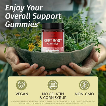 HERBAMAMA Beet Root Gummies - 12000mg Red Beets with Black Pepper Extract for Overall Support - Vegan, Non-GMO Antioxidant Supplement - 90 Pectin-Based Strawberry-Flavored Chews