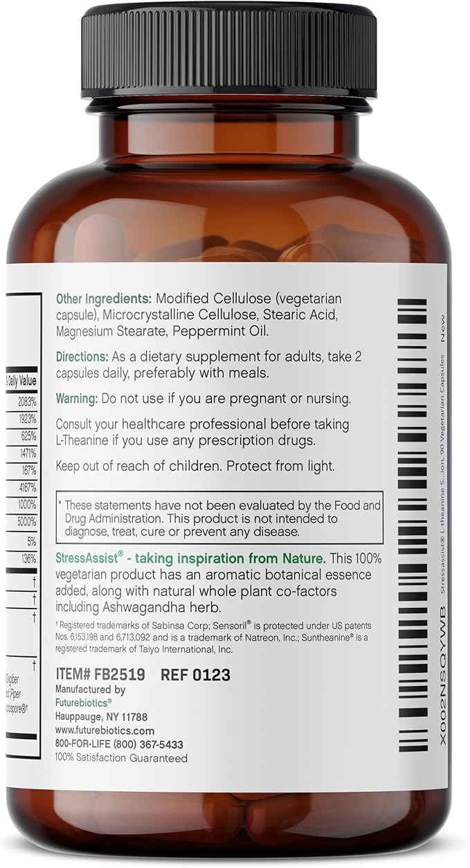 Futurebiotics Stressassist L-theanine Ashwagandha and Rhodiola Rosea Stress Complex - Natural Nutritional Stress Function, 90 Vegetarian Capsules