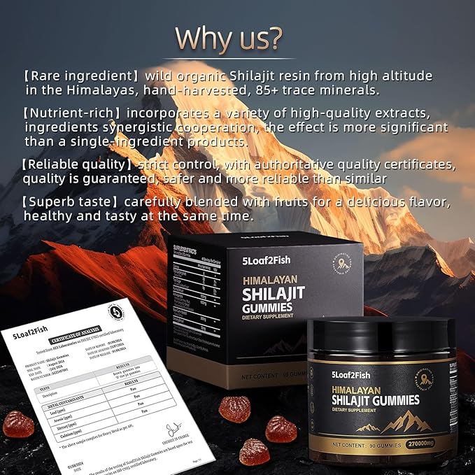 Organic Shilajit Gummies, Pure Himalayan Shilajit Gummies For Men Supplement, Gold Women，Natural 85+ Trace Minerals, Ashwagandha, Black Seed Oil Extract, 90 Gummies