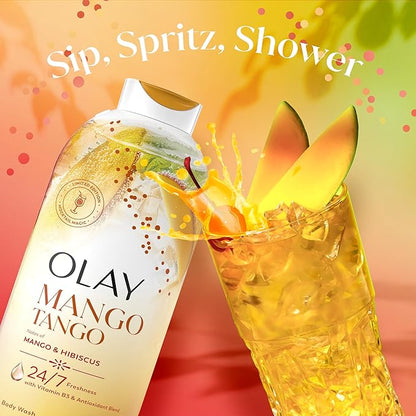 Olay Body Wash for Women, 24/7 Skin-Loving Freshness, Miami Mocktails, Plant Based Cleansers, Vitamin B3 & Antioxidant Blend, For All Skin Types, Mango Tango with Mango & Hibiscus Scent, 22 fl oz