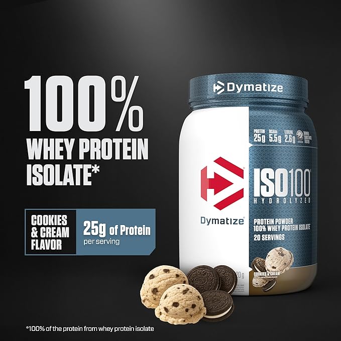 Dymatize ISO100 Whey Protein Powder Isolate, Cookies & Cream, 25g of Protein, 5.5g BCAAs, Less Than 120 Cal., Gluten Free, 1g Fat, 1g Sugar, 2g Carb (20 Servings)