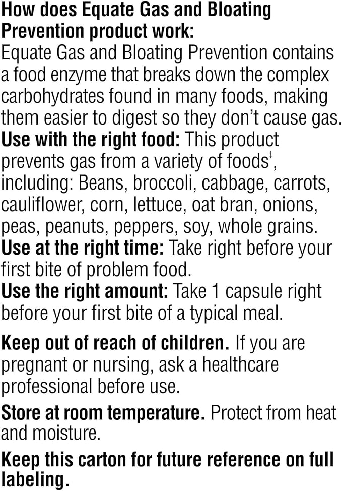 Equate Gas and Bloating Relief Prevention, Food Enzyme Dietary Supplement Capsules 100 Count (Pack of 1) - Set By Basket Goods